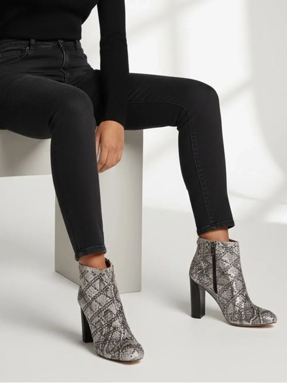 Calvin Klein Jamine Foiled Python Snake Print Studded Ankle Bootie
